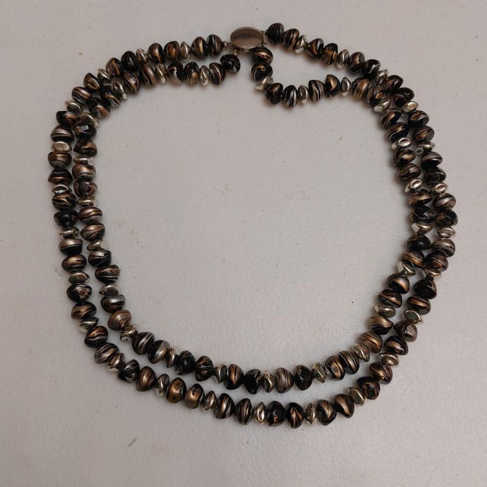 Vintage 1960s Multi-Strand Marbled & Silver Tone Bead Necklace